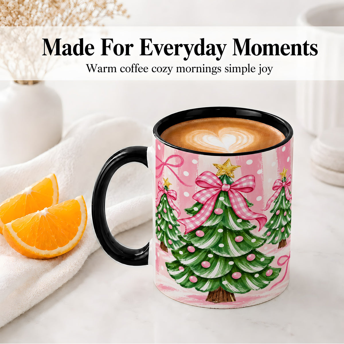 #pl[11oz|Black] Pink Gingham Christmas Tree Accent Mug, Ceramic Mug for Holiday Fans