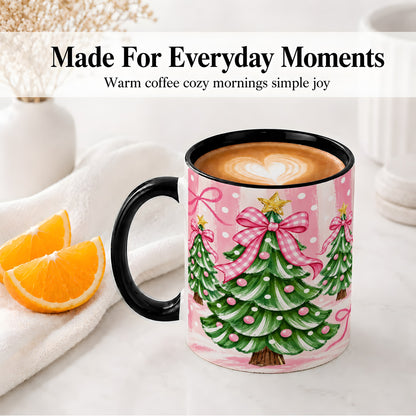 #pl[11oz|Black] Pink Gingham Christmas Tree Accent Mug, Ceramic Mug for Holiday Fans