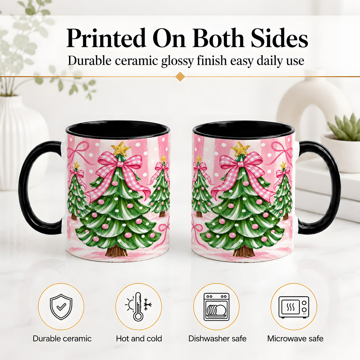 #pl[11oz|Black] Pink Gingham Christmas Tree Accent Mug, Ceramic Mug for Holiday Fans