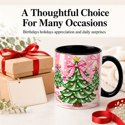 #pl[11oz|Black] Pink Gingham Christmas Tree Accent Mug, Ceramic Mug for Holiday Fans