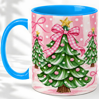 #pl[11oz|Blue] Pink Gingham Christmas Tree Accent Mug, Ceramic Mug for Holiday Fans