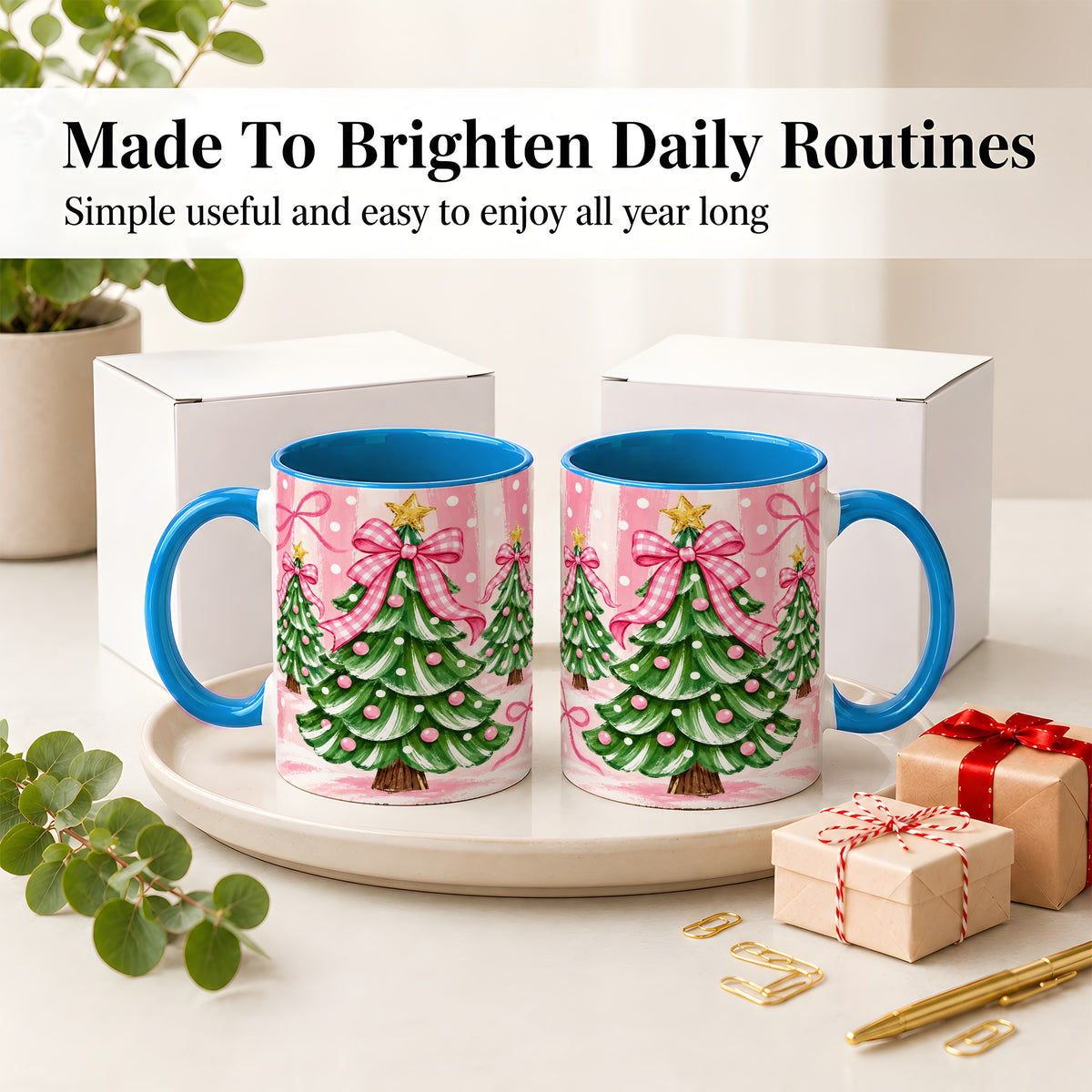 #pl[11oz|Blue] Pink Gingham Christmas Tree Accent Mug, Ceramic Mug for Holiday Fans