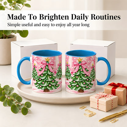 #pl[11oz|Blue] Pink Gingham Christmas Tree Accent Mug, Ceramic Mug for Holiday Fans
