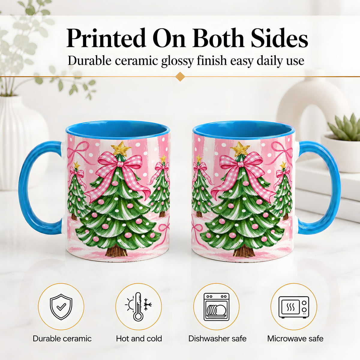 #pl[11oz|Blue] Pink Gingham Christmas Tree Accent Mug, Ceramic Mug for Holiday Fans