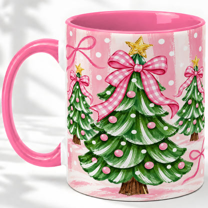 #pl[11oz|Pink] Pink Gingham Christmas Tree Accent Mug, Ceramic Mug for Holiday Fans
