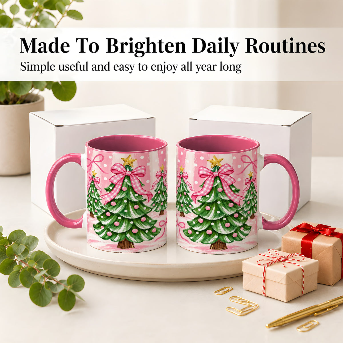 #pl[11oz|Pink] Pink Gingham Christmas Tree Accent Mug, Ceramic Mug for Holiday Fans