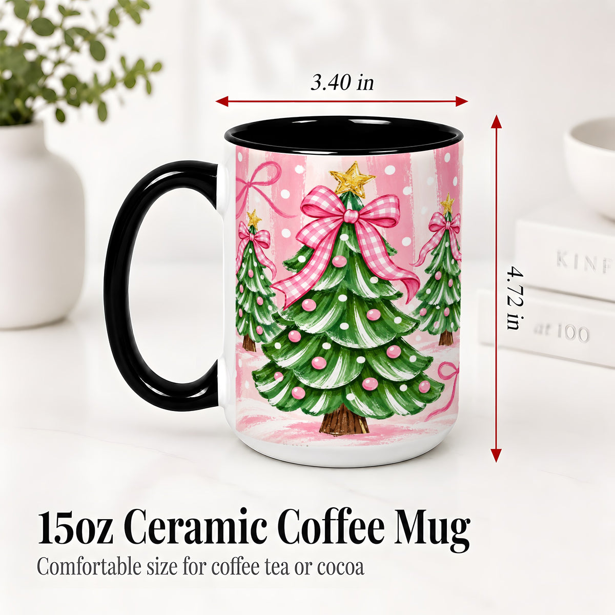#pl[15oz|Black] Pink Gingham Christmas Tree Accent Mug, Ceramic Mug for Holiday Fans