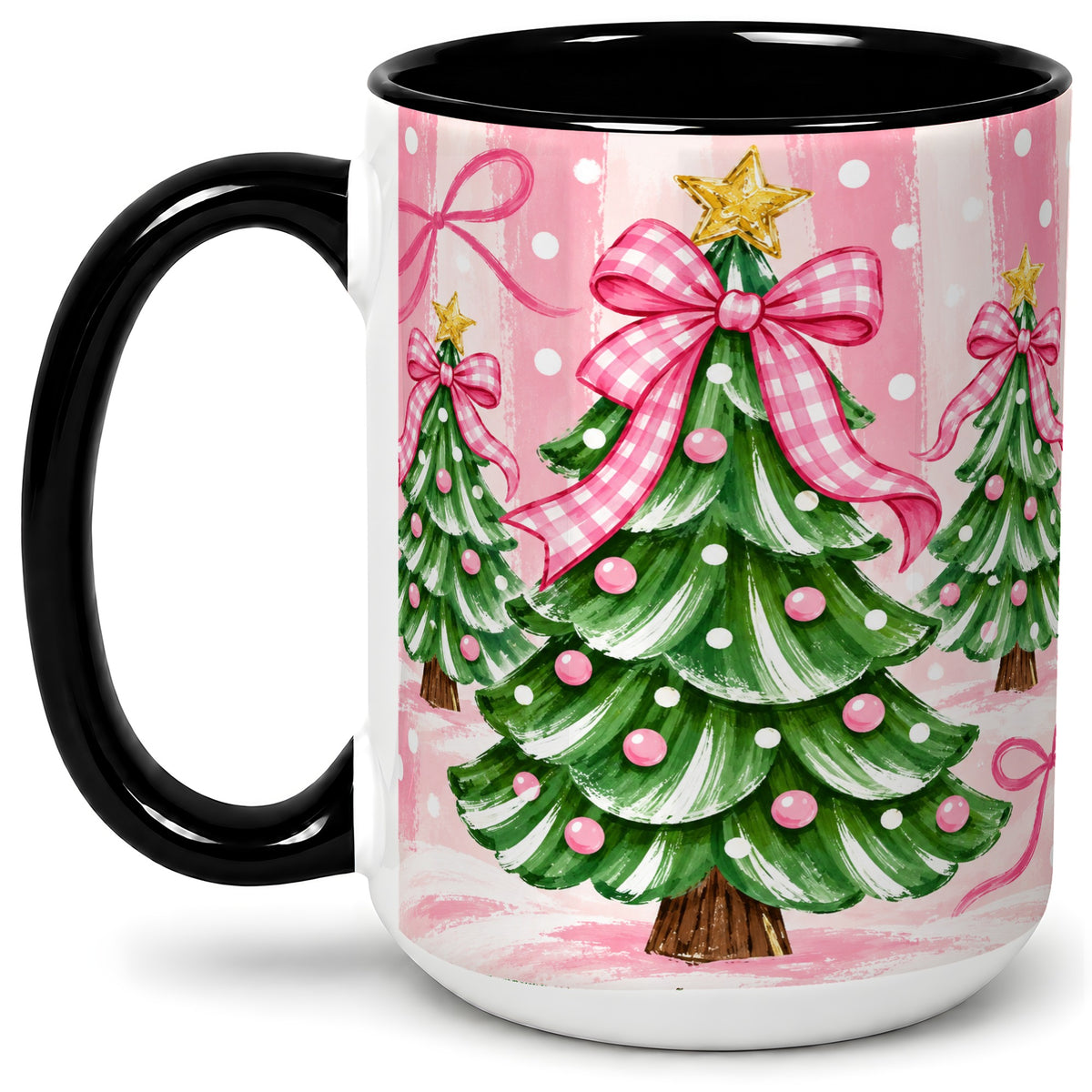 #pl[15oz|Black] Pink Gingham Christmas Tree Accent Mug, Ceramic Mug for Holiday Fans