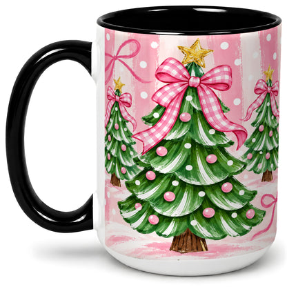#pl[15oz|Black] Pink Gingham Christmas Tree Accent Mug, Ceramic Mug for Holiday Fans