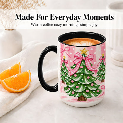 #pl[15oz|Black] Pink Gingham Christmas Tree Accent Mug, Ceramic Mug for Holiday Fans