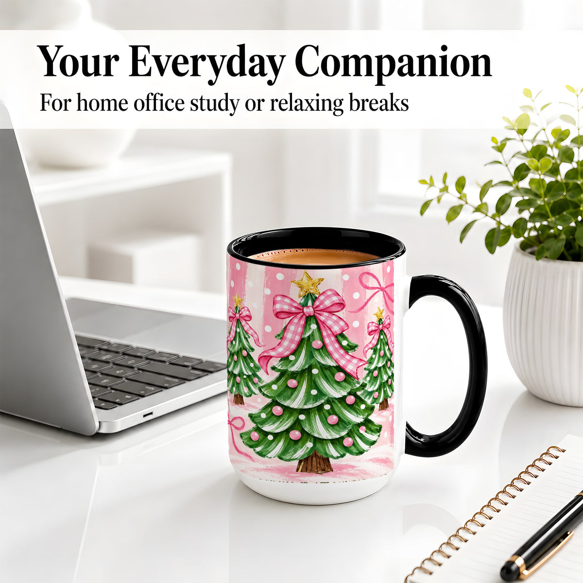 #pl[15oz|Black] Pink Gingham Christmas Tree Accent Mug, Ceramic Mug for Holiday Fans