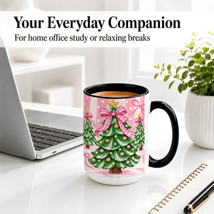 #pl[15oz|Black] Pink Gingham Christmas Tree Accent Mug, Ceramic Mug for Holiday Fans