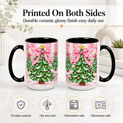 #pl[15oz|Black] Pink Gingham Christmas Tree Accent Mug, Ceramic Mug for Holiday Fans