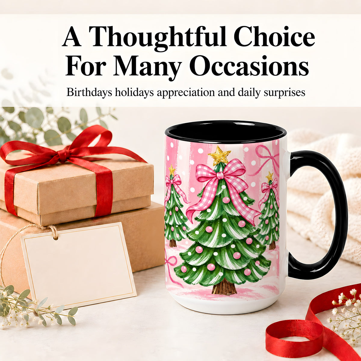 #pl[15oz|Black] Pink Gingham Christmas Tree Accent Mug, Ceramic Mug for Holiday Fans
