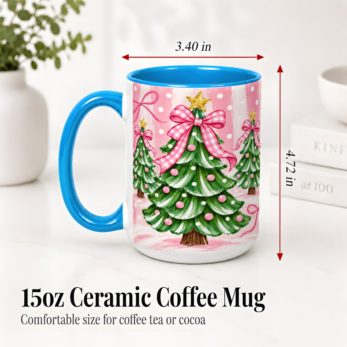 #pl[15oz|Blue] Pink Gingham Christmas Tree Accent Mug, Ceramic Mug for Holiday Fans