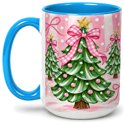 #pl[15oz|Blue] Pink Gingham Christmas Tree Accent Mug, Ceramic Mug for Holiday Fans