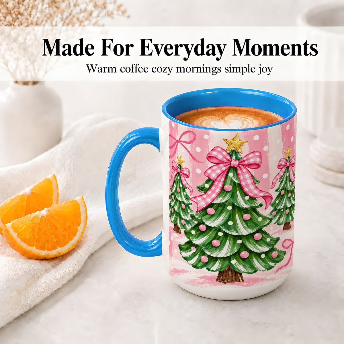 #pl[15oz|Blue] Pink Gingham Christmas Tree Accent Mug, Ceramic Mug for Holiday Fans