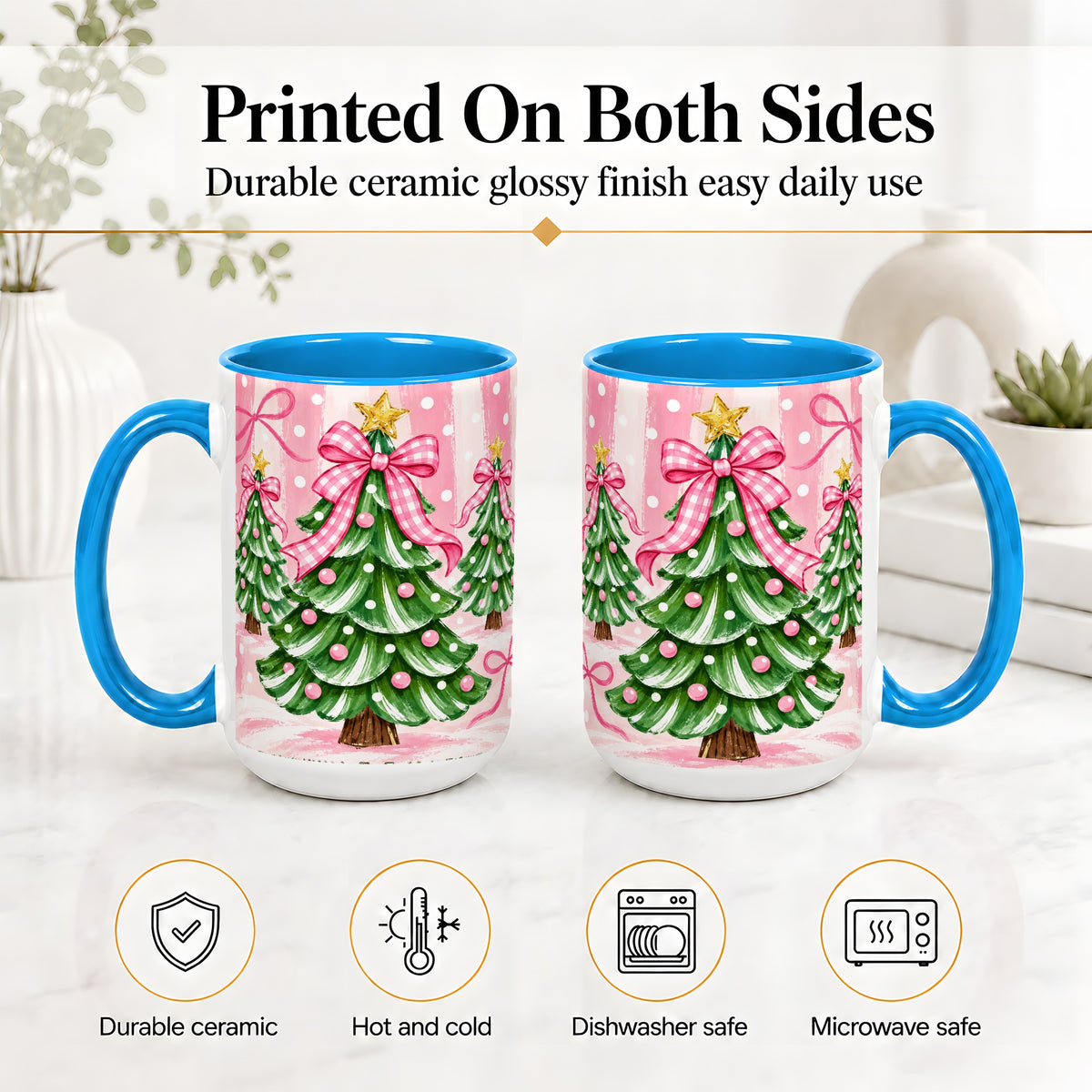 #pl[15oz|Blue] Pink Gingham Christmas Tree Accent Mug, Ceramic Mug for Holiday Fans