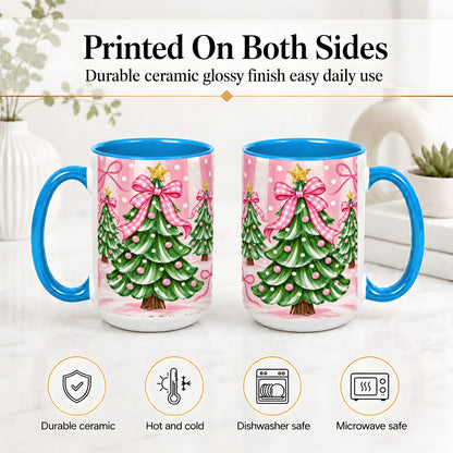 #pl[15oz|Blue] Pink Gingham Christmas Tree Accent Mug, Ceramic Mug for Holiday Fans