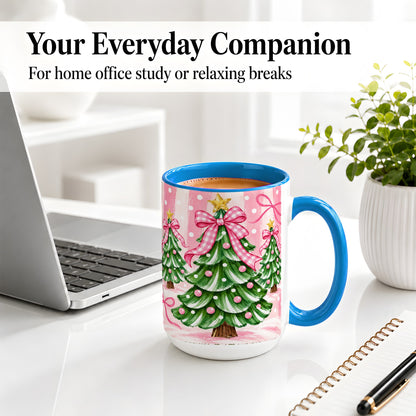 #pl[15oz|Blue] Pink Gingham Christmas Tree Accent Mug, Ceramic Mug for Holiday Fans
