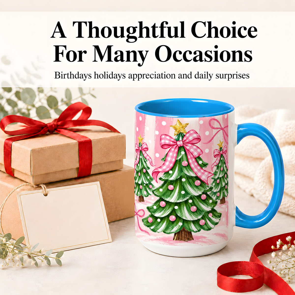 #pl[15oz|Blue] Pink Gingham Christmas Tree Accent Mug, Ceramic Mug for Holiday Fans