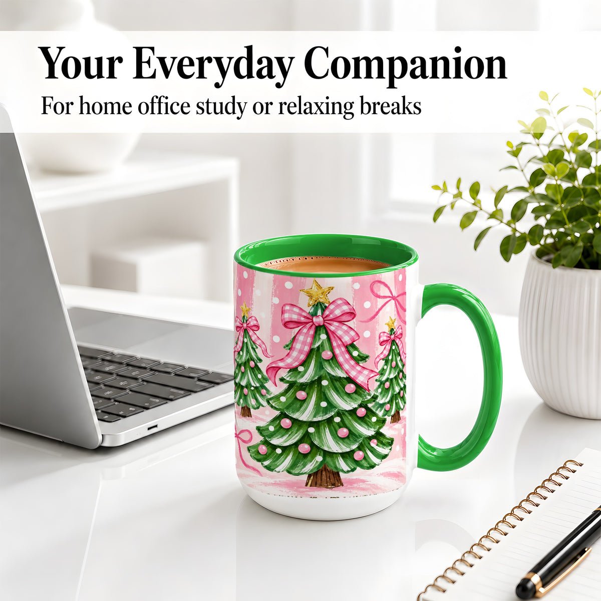 #pl[15oz|Green] Pink Gingham Christmas Tree Accent Mug, Ceramic Mug for Holiday Fans