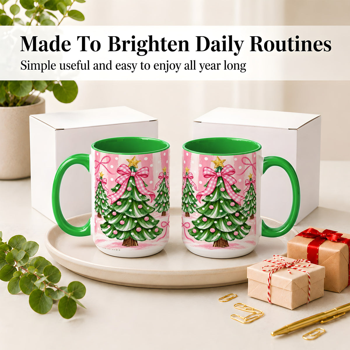 #pl[15oz|Green] Pink Gingham Christmas Tree Accent Mug, Ceramic Mug for Holiday Fans