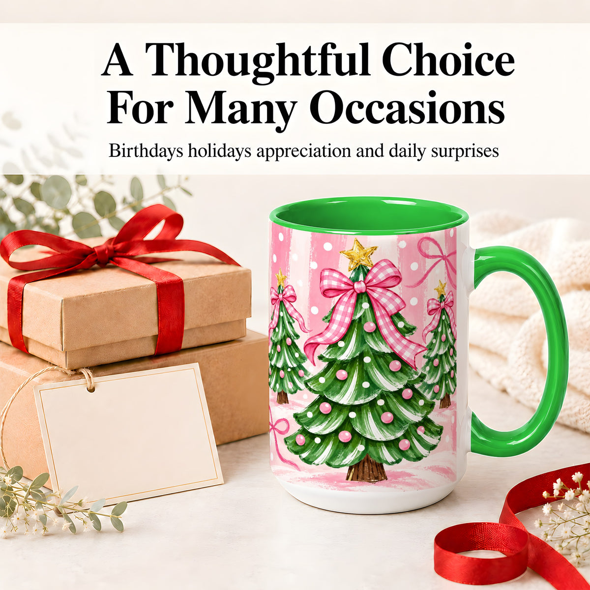 #pl[15oz|Green] Pink Gingham Christmas Tree Accent Mug, Ceramic Mug for Holiday Fans