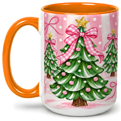 #pl[15oz|Orange] Pink Gingham Christmas Tree Accent Mug, Ceramic Mug for Holiday Fans