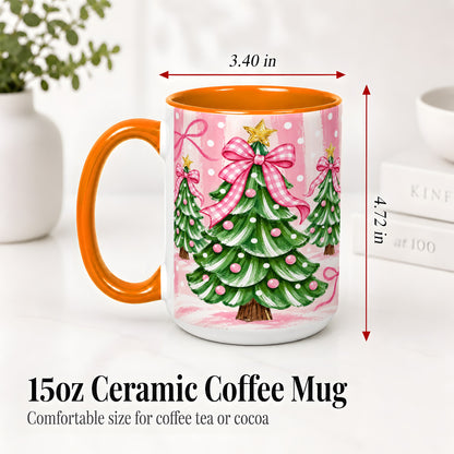 #pl[15oz|Orange] Pink Gingham Christmas Tree Accent Mug, Ceramic Mug for Holiday Fans