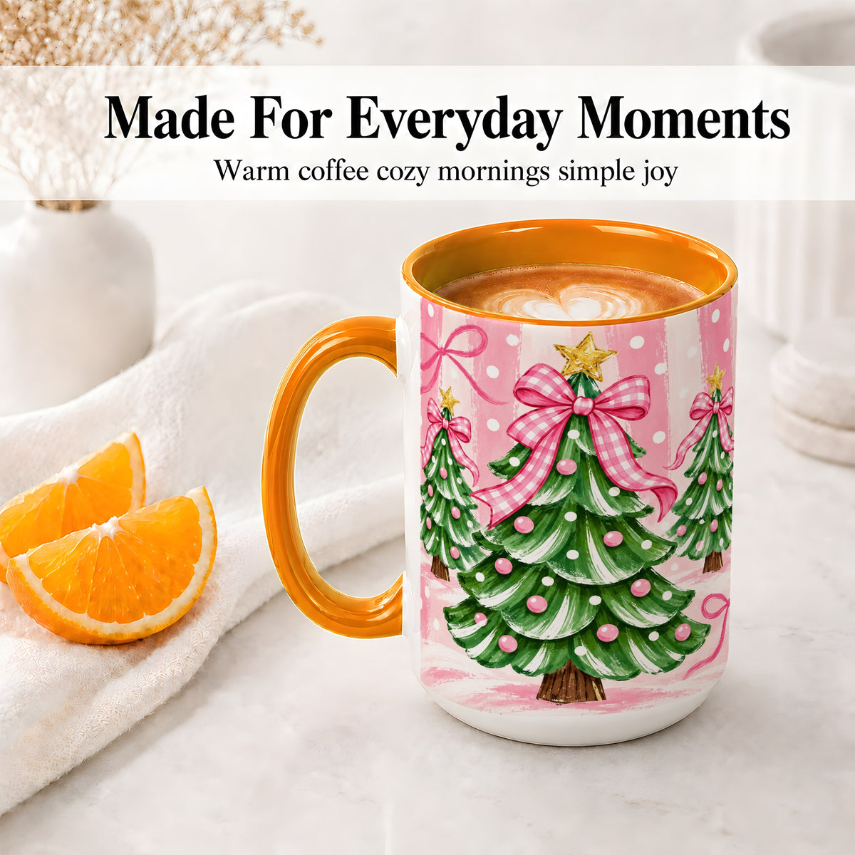 #pl[15oz|Orange] Pink Gingham Christmas Tree Accent Mug, Ceramic Mug for Holiday Fans