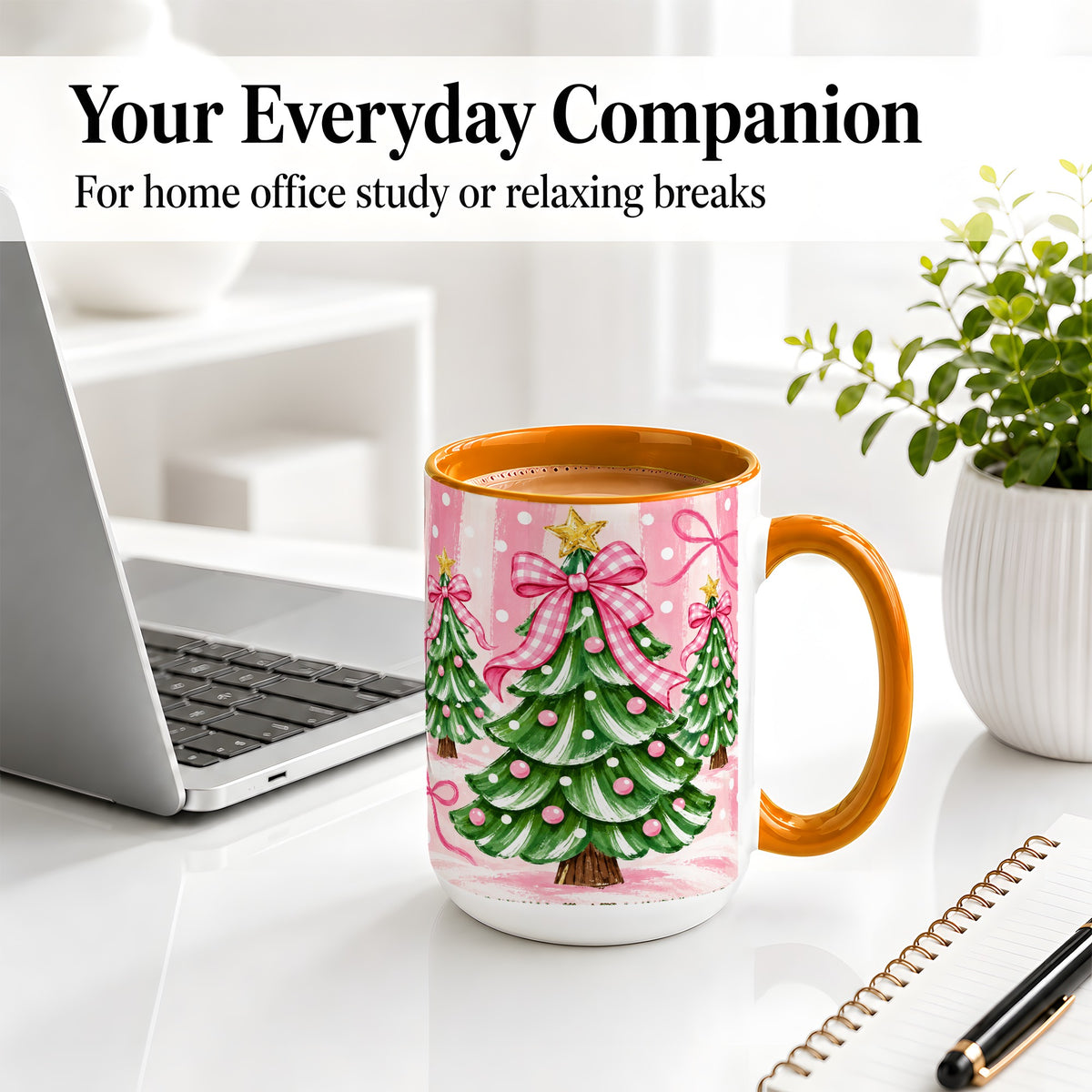 #pl[15oz|Orange] Pink Gingham Christmas Tree Accent Mug, Ceramic Mug for Holiday Fans