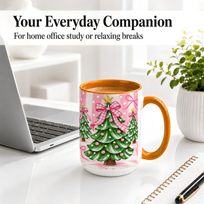 #pl[15oz|Orange] Pink Gingham Christmas Tree Accent Mug, Ceramic Mug for Holiday Fans