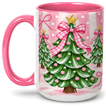 #pl[15oz|Pink] Pink Gingham Christmas Tree Accent Mug, Ceramic Mug for Holiday Fans