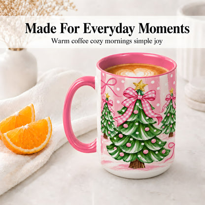 #pl[15oz|Pink] Pink Gingham Christmas Tree Accent Mug, Ceramic Mug for Holiday Fans