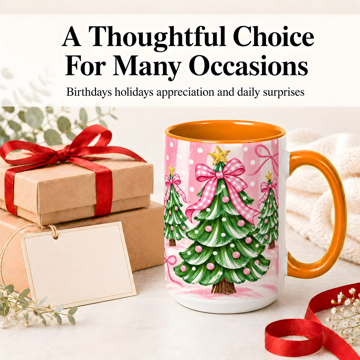 #pl[15oz|Orange] Pink Gingham Christmas Tree Accent Mug, Ceramic Mug for Holiday Fans