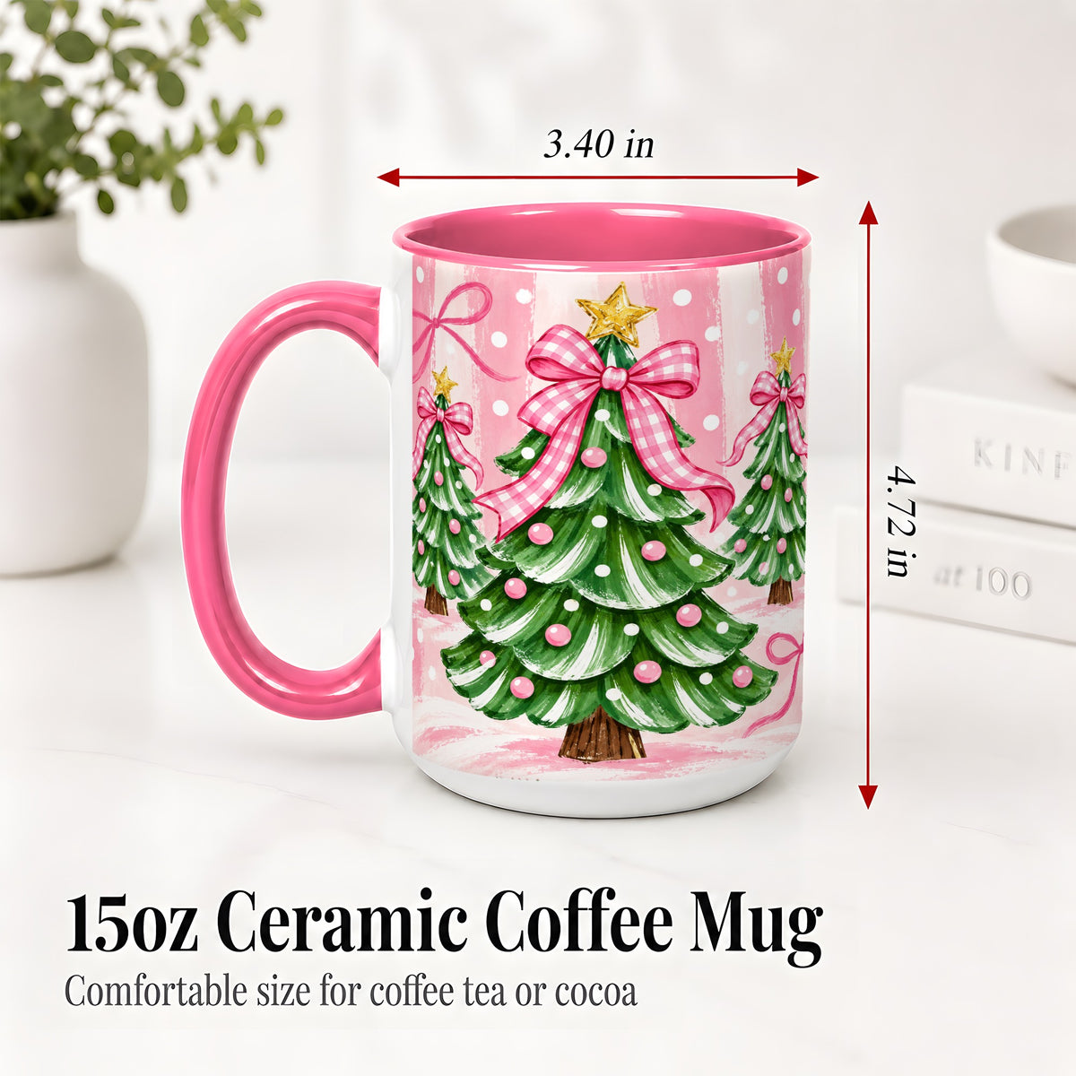 #pl[15oz|Pink] Pink Gingham Christmas Tree Accent Mug, Ceramic Mug for Holiday Fans