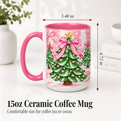 #pl[15oz|Pink] Pink Gingham Christmas Tree Accent Mug, Ceramic Mug for Holiday Fans