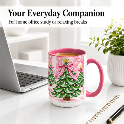 #pl[15oz|Pink] Pink Gingham Christmas Tree Accent Mug, Ceramic Mug for Holiday Fans