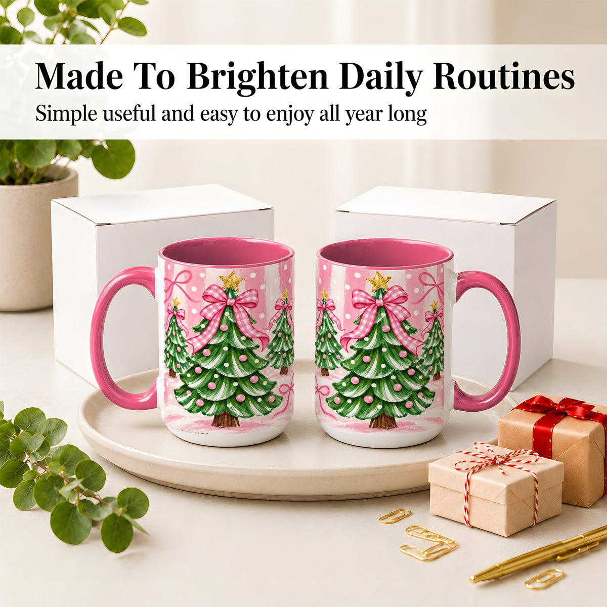 #pl[15oz|Pink] Pink Gingham Christmas Tree Accent Mug, Ceramic Mug for Holiday Fans