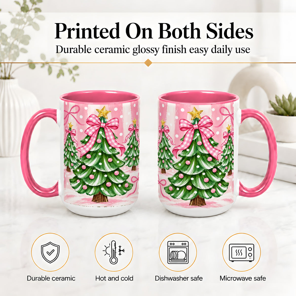 #pl[15oz|Pink] Pink Gingham Christmas Tree Accent Mug, Ceramic Mug for Holiday Fans