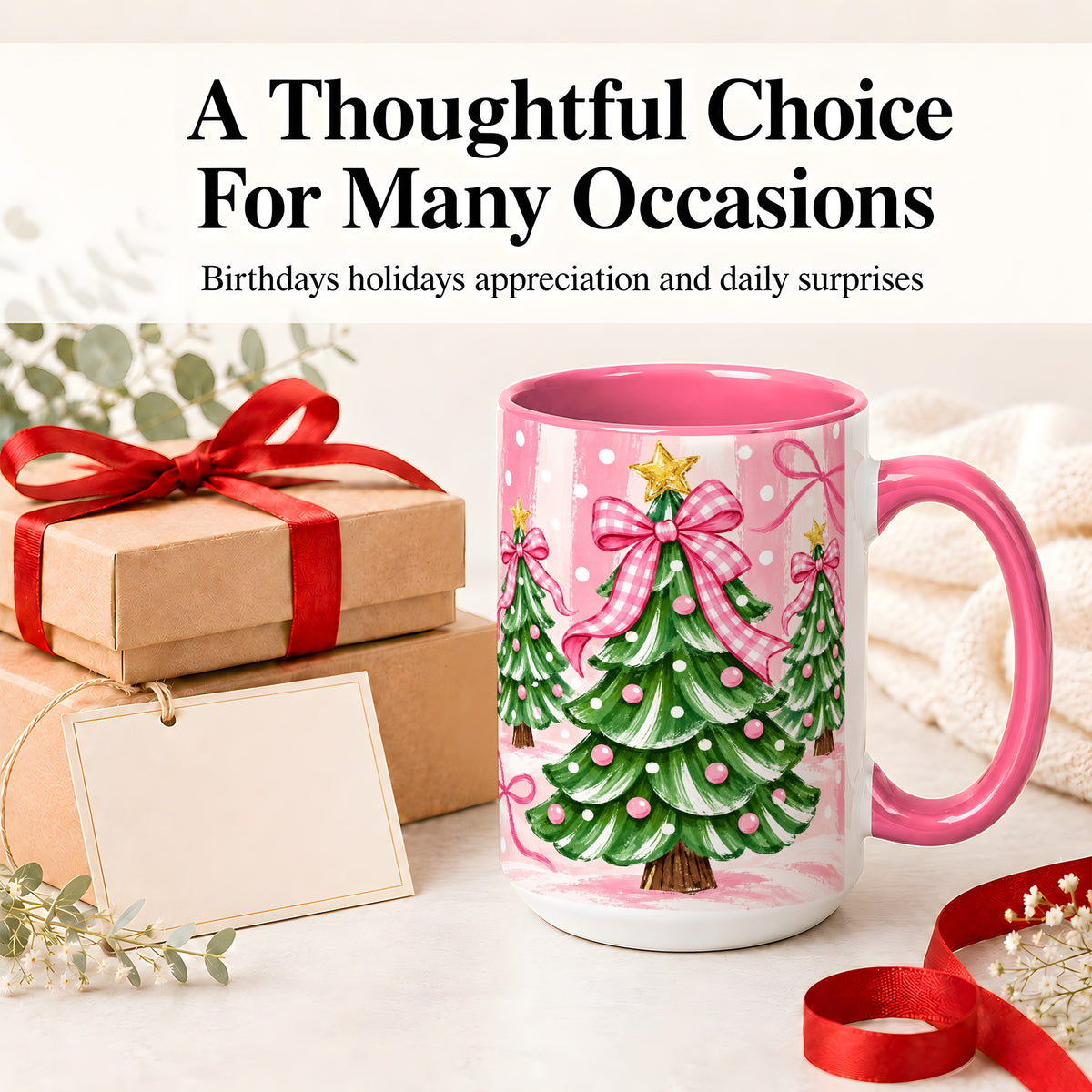 #pl[15oz|Pink] Pink Gingham Christmas Tree Accent Mug, Ceramic Mug for Holiday Fans