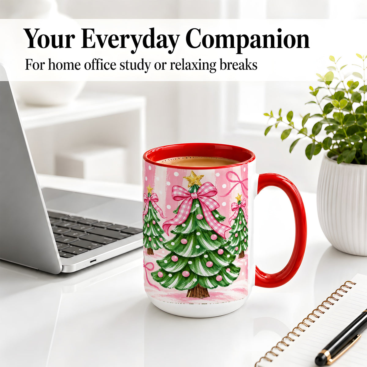 #pl[15oz|Red] Pink Gingham Christmas Tree Accent Mug, Ceramic Mug for Holiday Fans