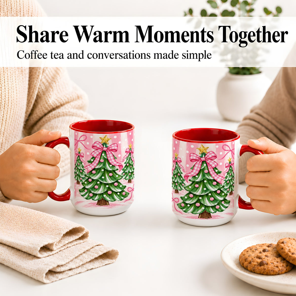 #pl[15oz|Red] Pink Gingham Christmas Tree Accent Mug, Ceramic Mug for Holiday Fans