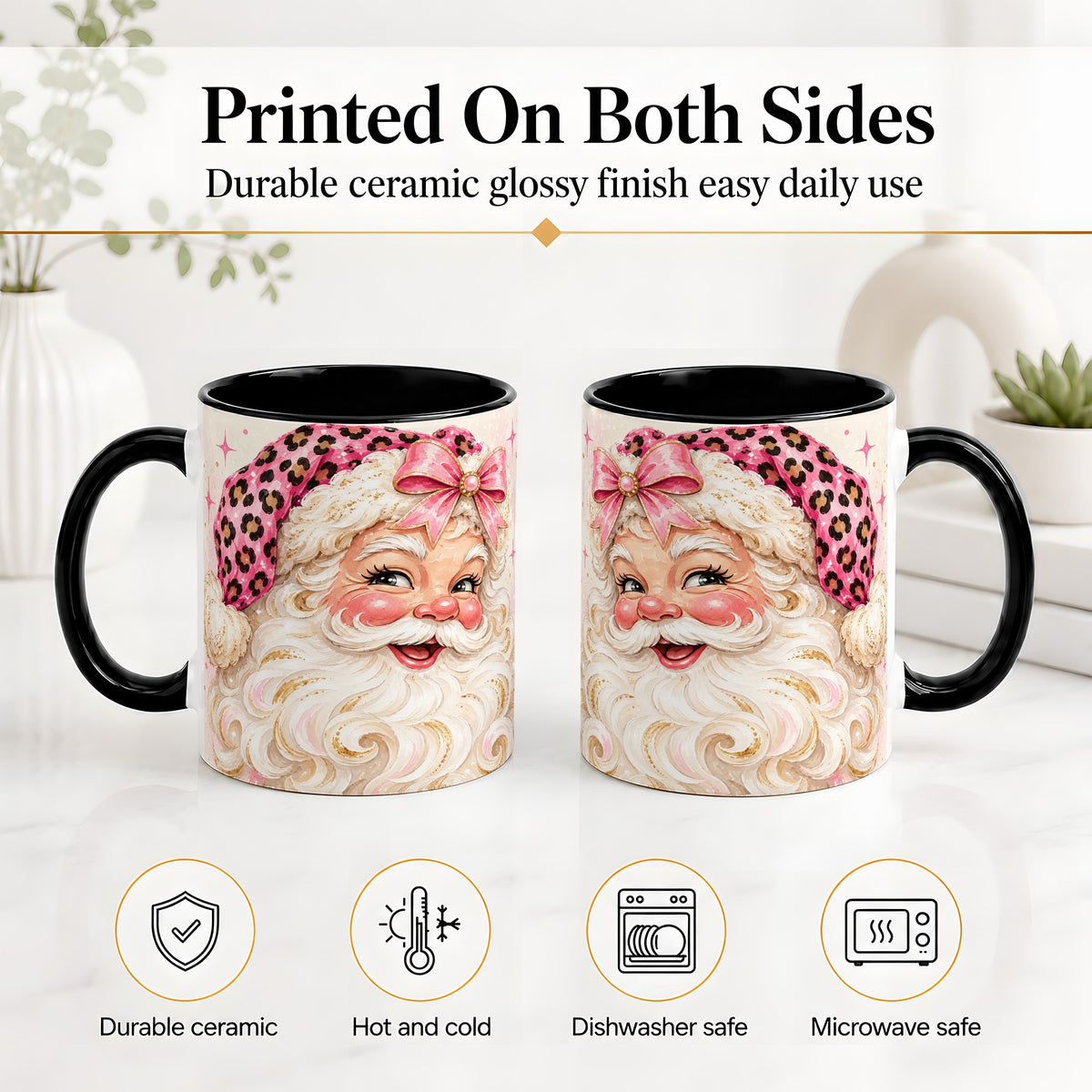 #pl[11oz|Black] Pink Leopard Santa Accent Mug, Ceramic Mug for Christmas Lovers