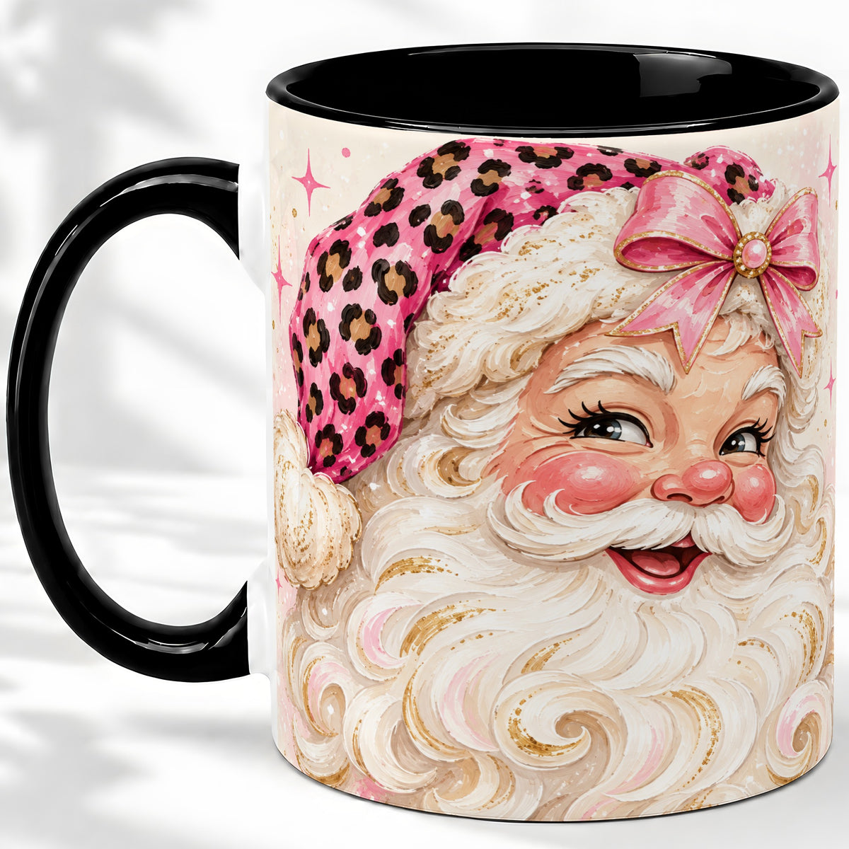 #pl[11oz|Black] Pink Leopard Santa Accent Mug, Ceramic Mug for Christmas Lovers