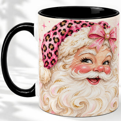 #pl[11oz|Black] Pink Leopard Santa Accent Mug, Ceramic Mug for Christmas Lovers