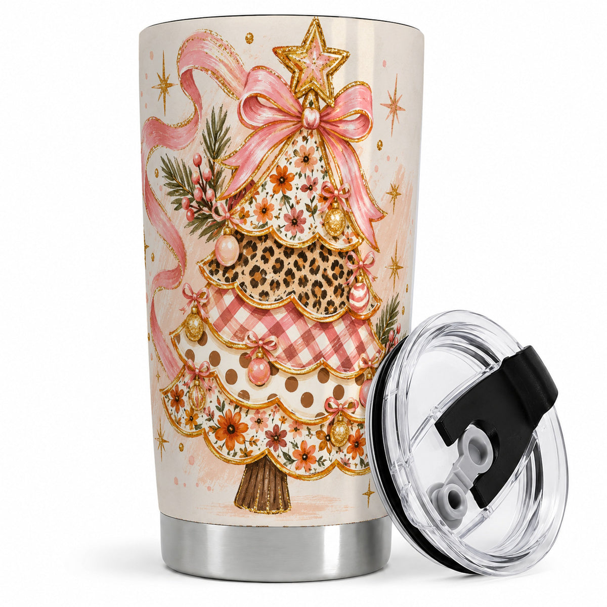 Pink Bow Patterned Christmas Tree Tumbler, 20oz Stainless Steel Tumbler