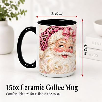 #pl[15oz|Black] Pink Leopard Santa Accent Mug, Ceramic Mug for Christmas Lovers