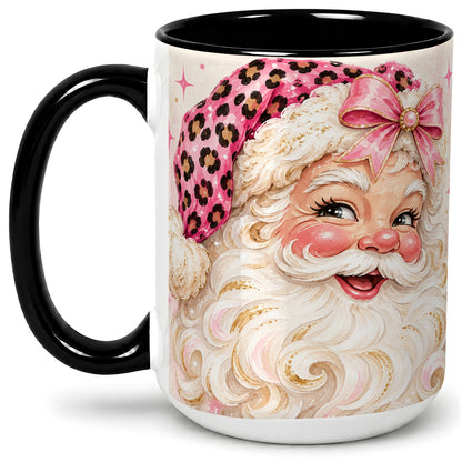 #pl[15oz|Black] Pink Leopard Santa Accent Mug, Ceramic Mug for Christmas Lovers